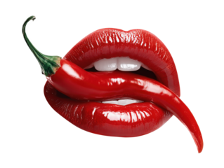 Red Lips Biting a Chili Pepper Hot and Spicy isolated on a white background