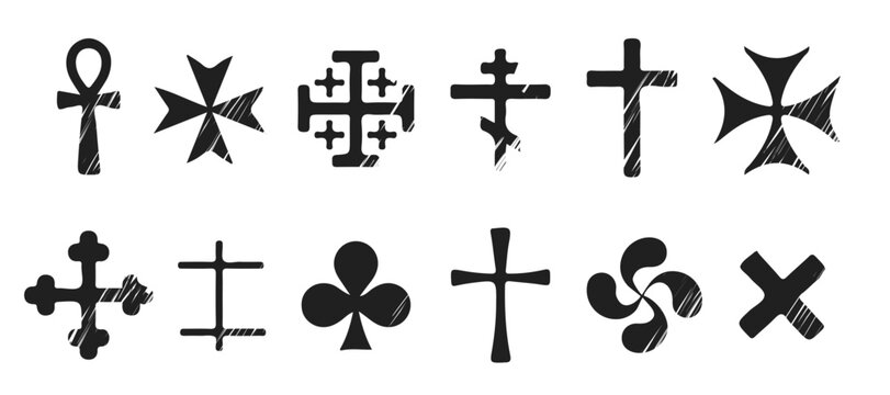 cartoon illustration of a black monochrome collection of crosses from different cultures isolated on white background, symbolizing religion, faith and tradition
