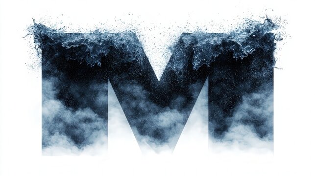 A bold letter M is creatively designed with crashing waves and mist, symbolizing strength and fluidity, Ideal for branding, advertising campaigns, or creative projects emphasizing water themes, - Powered by Adobe