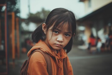 Fototapeta premium Serious Expression of School-Age Girl in Urban Playground - Outdoor Portrait with Backpack and Hiking Attire in Natural Light