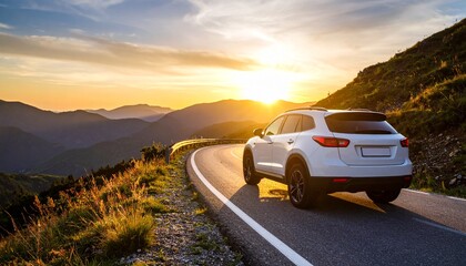 White SUV car driving on a scenic mountain road during a beautiful golden sunset.