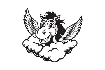 Smiling Pegasus with Wings in Clouds on a White Background Cartoon Mascot