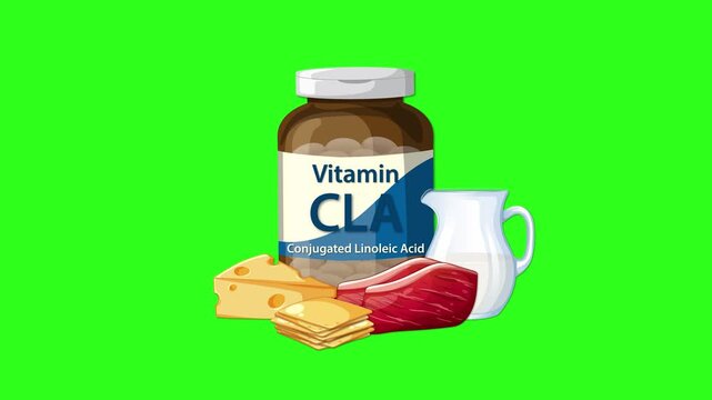 Vitamin CLA Supplement Bottle with Food Sources Animation on Green Screen