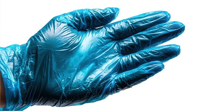 A blue latex glove is displayed against a white background, symbolizing hygiene and safety, This image can be utilized for healthcare, cleaning, or food safety-related content,