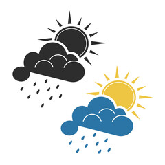 Black ,green and yellow sun behind cloud icon next to blue and yellow sun behind cloud icon weather symbol
