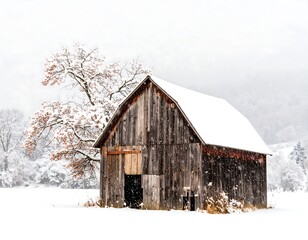 Rustic barn in snowy landscape