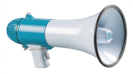 A vibrant blue and white megaphone is displayed, ideal for promoting events, public announcements, or rallies, It symbolizes communication and engagement in various settings,