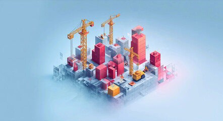 Modern city construction site with multiple cranes and abstract colorful buildings on a light blue background