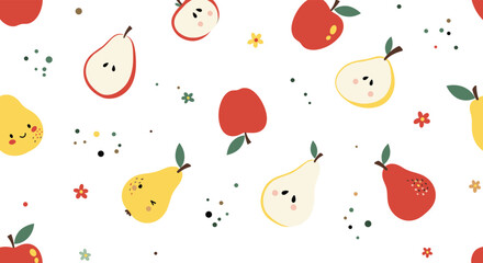 A charming pattern of cute cartoon apples and pears with tiny floral accents and scattered dots creating a whimsical fruity design.