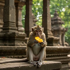 Fototapeta premium Wild macaque monkey eating a yellow mango at an ancient stone temple