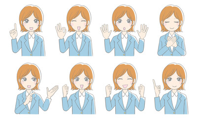 ベクター　スーツを着たかわいい女性の表情8バリエーション 　バストアップ