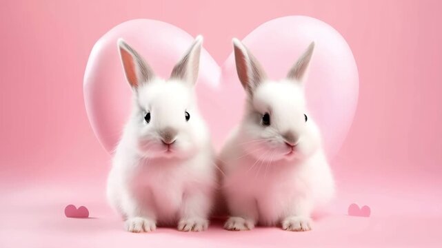 Two cute rabbits on pink background. Animated Valentine's Day greeting card template