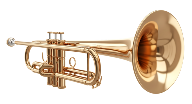 A gleaming brass trumpet with three valves and a flared bell is isolated on a stark black background showcasing its musical elegance