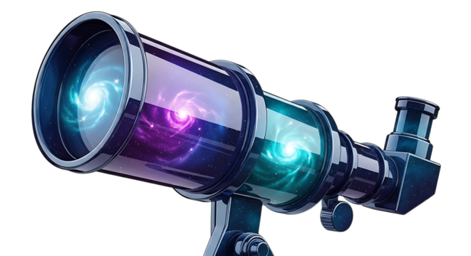 Close up of a telescope looking into a colorful galaxy with swirling nebulae against a dark background