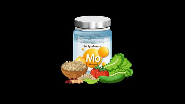 Vitamin Bottle Animation with Healthy Food Ingredients on Black Background