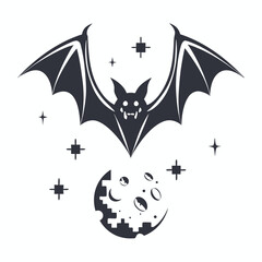 Fototapeta premium Stylized Bat Silhouette Flying Above Moon and Stars on White Background