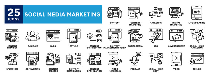 Social media marketing icon collection set. containing design marketing,audience,social media,content creator,live streaming