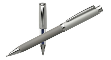 Two elegant silver and grey pens with metallic accents are artfully arranged against a stark black background showcasing their sleek design and sophisticated appeal