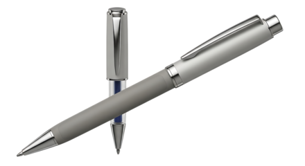 Two elegant silver and grey pens with metallic accents are artfully arranged against a stark black background showcasing their sleek design and sophisticated appeal
