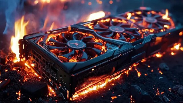 A computer graphics card sitting on top of a fire