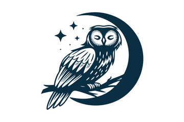 Stylized Black Owl on Branch Inside Moon with Stars on White