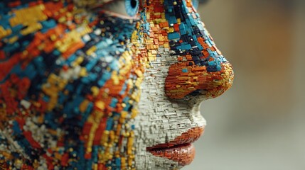 Profile of a womans face covered in mosaic tiles, showcasing a unique and artistic interpretation of human form