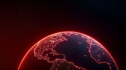 The image showcases an artistically rendered globe with glowing red outlines of continents against a background of deep space filled with sparse stars.