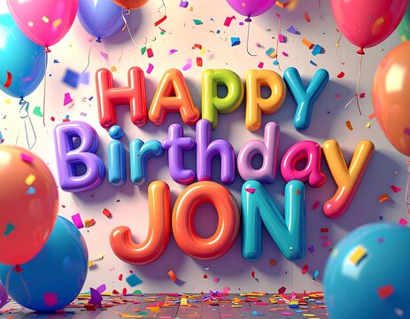 Colorful balloons and confetti surround a large "Happy Birthday Jon" message