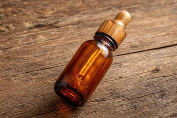 Amber glass bottle with wooden cap on a rustic wooden surface, showcasing natural beauty and organic skincare essence