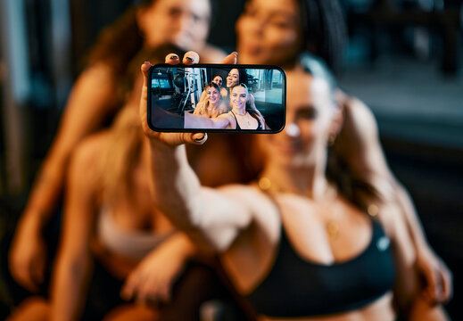 Group of diverse smiling Women Posing for a Selfie at a Fitness Gym