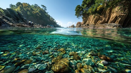 A mesmerizing view of a tropical cove with crystalclear turquoise water and lush green vegetation on the rocky cliffs