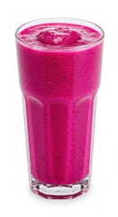 A vibrant, intensely pink dragon fruit smoothie, presented in a clear glass tumbler, against a plain white background.