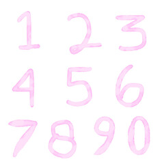 set of ten numbers form zero to nine, number flat design, watercolor, pink color