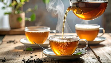 Pouring hot steaming tea from a glass teapot into a cup.