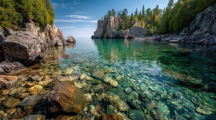 A serene view of a rocky cove with crystalclear turquoise water and lush green trees on the rocky cliffs and shoreline
