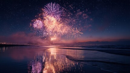 Spectacular fireworks display illuminates the night sky over a tranquil beach with reflections in the water
