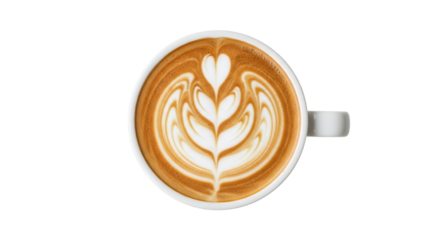 Latte art in a white coffee cup isolated PNG with Transparent Background