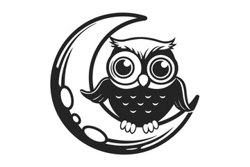 Stylized Owl on Moon Vector, Detailed Feathers, Night Theme, Isolated Design on White