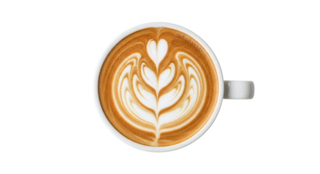 Latte art in a white coffee cup isolated PNG with Transparent Background