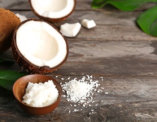 Fresh coconuts on rustic wood