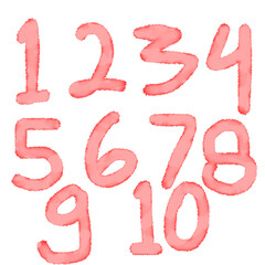 set of ten watercolor numbers form zero to nine, number flat design, red color
