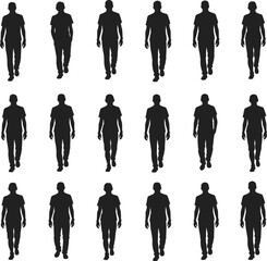 Set of 18 male silhouettes, walking in various poses, from different angles, a flat vector illustration