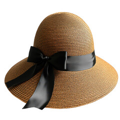 A stylish wide brimmed straw hat with a dark ribbon and bow perfect for summer fashion and sun protection isolated on transparent background