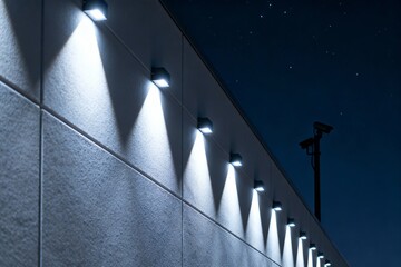 Modern Building Facade Illuminated by LED Lights at Night with Security Cameras, Architecture.