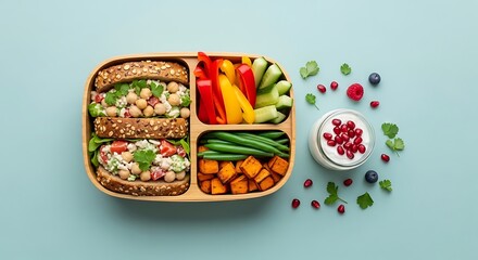 Healthy vegetarian lunch box with sandwiches, vegetables, and fruit on a blue background