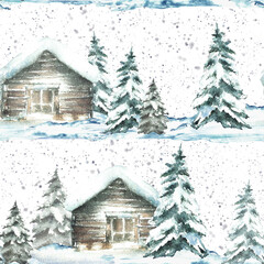 Winter landscape with snow covered house snowy pine tree and snowfall seamless pattern. Wooden cabin Christmas Watercolor hand drawn illustration isolated from background for holiday fabric, wallpaper