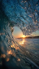 A mesmerizing wave curls towards the shore as the sun sets, creating a stunning display of light and ocean power