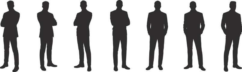 Set of male businesspeople silhouettes, including men in suits with various confident poses, representing professionals, a flat vector illustration