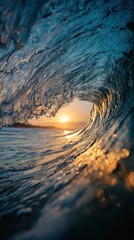 A mesmerizing wave curls towards the shore as the sun sets, creating a stunning display of light and ocean power
