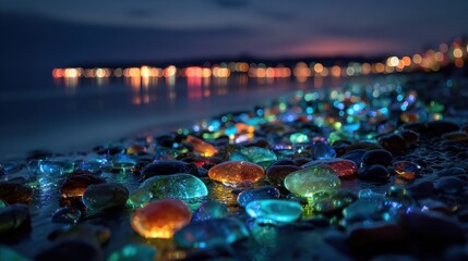 Sea glass on the beach at night with city lights in the background creating a beautiful and serene scene at twilight